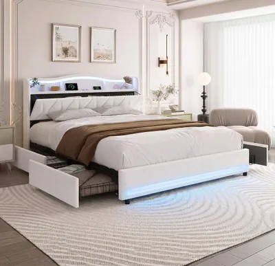 Produktbild von REMZETTA Polsterbett 160x200 cm Beige mit LED, USB-C, 4 Schubladen
