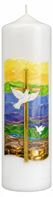 Produktbild von Taufkerze 25 x 6 cm mit Kreuz, Taube, Fisch & Herz mit Name & Datum