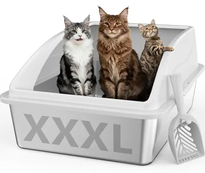 Imagen del producto de Arenero para gatos de acero inoxidable, con gran capacidad de 60 litros, dimensiones 71x51x31 cm, ideal para varios gatos