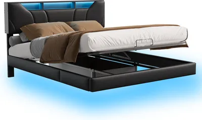 Obrázok produktu pre Postel Moonbite s úložným priestorom, 140x200 cm, farba: čierna, s zásuvkou a USB portom v LED čelnej časti, nastaviteľná, s úložným boxom
