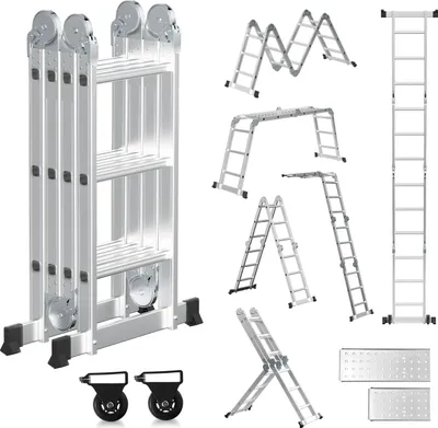 Obrázok produktu pre Aopunly 6 v 1 rebrík Viacúčelový rebrík Hliníkový kĺbový rebrík Skladací rebrík 360 cm Multifunkčný rebrík Hliníkový rebrík s plošinou do 150 kg 4 X 3 stupne Strieborný