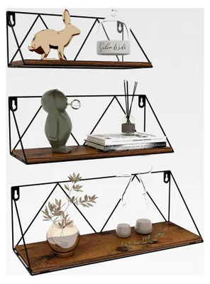 Produktbild von Rustikales Wandregal 3er Set aus Holz und Metall für Küche, Bad, Wohnräume und Büro