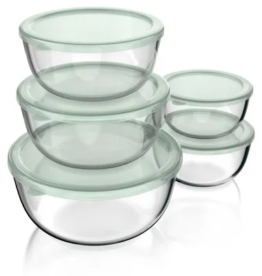 Produktbild von Arendo Salatschüssel 5er Set mit Deckel, Glasschüssel 1L, 1,5L, 2L, 2,7L & 4,4L, Glas Rührschüssel, Glas, Glasschale, BPA-frei, Mikrowellen- und spülmaschinengeeignet