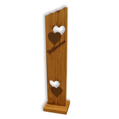 Image de Colonne décorative Bienvenue en bois 80cm 2 cœurs en métal