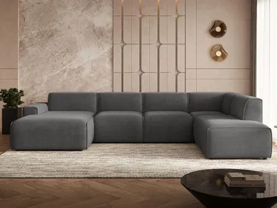 Produktbild von GrainGold Ecksofa U-Form Rechts Belluno - Ecksofa mit Schlaffunktion, Bettkasten - Moderne Ecksofa, Wohnzimmer Sofa - Eckcouch Dunkelgrau (Castel 93)