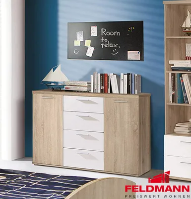 Image de Commode buffet 2 tiroirs pour chambre d'enfant, chêne Sonoma / blanc, 130 cm