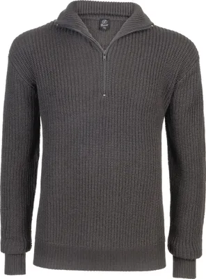 A grey knitted sweater with a zipper.