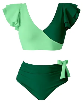 Productafbeelding van Twee-delige Badpak met Flounce Mouwen - Plus Size XL Groen