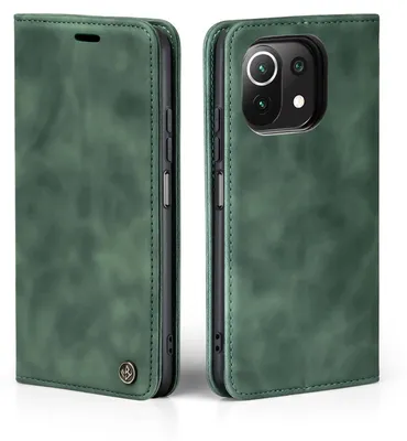 A green flip case for a Xiaomi Mi 11 Lite 4G/5G phone is shown from two angles.