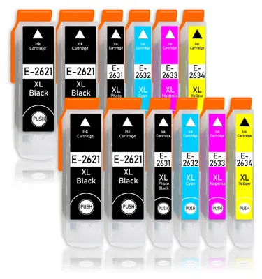 A collection of ink cartridges arranged in two rows against a white background.