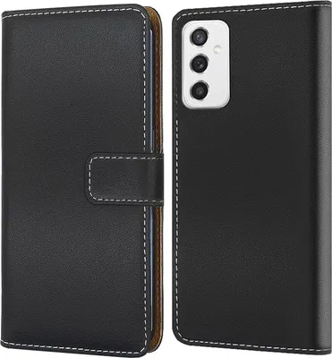 A black flip-style phone case is shown open, revealing the inside and the phone it protects. The phone has a distinctive camera module.