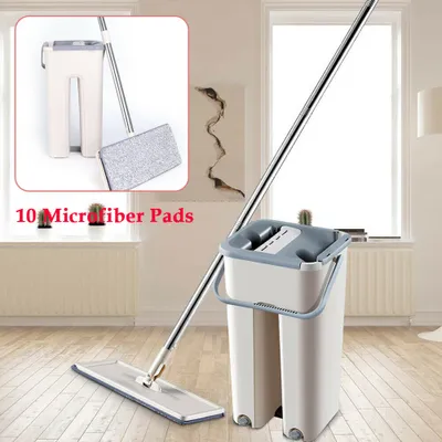 Image de Set de serpillières et balais à franges Nettoyeur de sol microfibre Housse de serpillière Seau de nettoyage avec 10 pads microfibres Nettoyage ménager