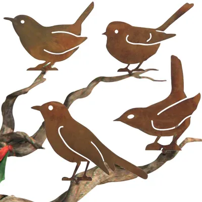 4 Metallvögel mit Rostoptik, Gartenstecker für Zaun, 15 cm