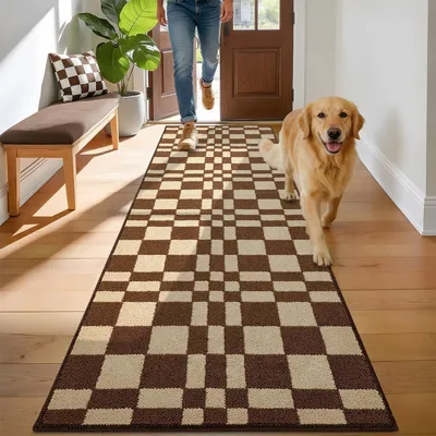Productafbeelding van Antislip deurmat met schaakbordpatroon, bruin, 60x180 cm