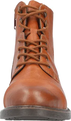 A close-up, front-facing view of a brown leather boot.