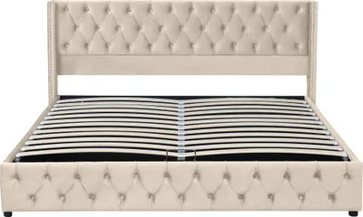 Produktbild von Flieks Polsterbett 180x200cm mit Lattenrost, Hydraulisches Boxspringbett mit Bettkasten und Stauraum, Samt Doppelbett Stauraumbett Funktionsbett, Beige