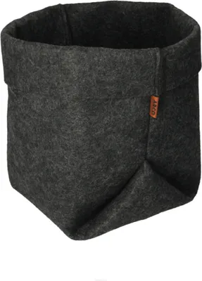 A dark gray felt planter pot with a folded-down rim and a small brown tag attached to the side.
