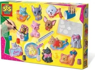 Produktbild von SES Creative Gipsfiguren Set Hunde und Katzen, Gipsformen und Bemalen, Gelb, Grün und Rosa, 5+ Jahre
