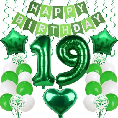 Produktbild von Luftballons 19. Geburtstag Deko Set Grün mit Girlande & Zahlenballon