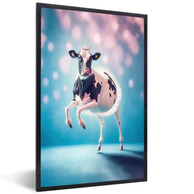 Produktbild von MuchoWow® Gerahmtes Poster Kuh - Krone - Ballett - Blau - Rosa 40x60 cm - Poster mit Schwarzem Bilderrahmen Wandposter Rahmen Foto Bilder - Papierdruck - Wandbilder