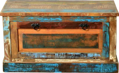 A front view of a wooden shoe cabinet with a distressed, multi-colored finish.