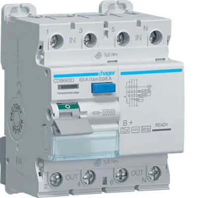 Immagine prodotto di HAGER CDB663D FI-Schutzschalter 4p 10kA 63A 30mA TypB+ (CDB663D)