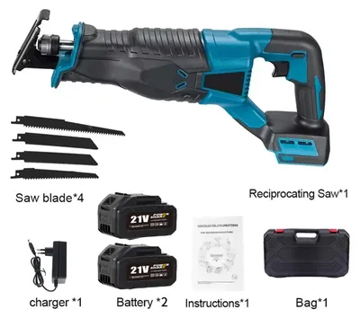 Image de Scie sauteuse électrique - Scie sabre sans fil 21V - 2 batteries - 4 lames de scie - 0 à 3600 tr/min - Pour le bois - Bricolage