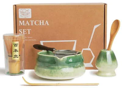 Obrázok produktu pre Sada na prípravu matcha, 6-dielna: tmavozelená keramická miska, bambusová metlička, sitko, lyžička, príslušenstvo