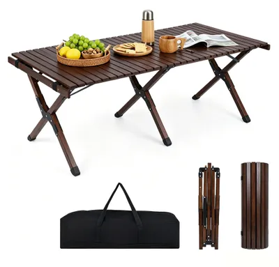 Produktbild von KOMFOTTEU Campingtisch klappbar, Klapptisch aus Holz, Picknicktisch mit aufrollbarer Tischplatte & Tragetasche, Balkontisch für 4-6 Personen, Outdoor Gartentisch für Camping & Garten, 122 x 60 x 45 cm