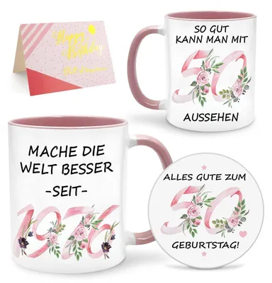 Produktbild von Kaffeetassen-Set 50. Geburtstag Frauen 1976 Keramik 350ml mit Silikon-Untersetzer