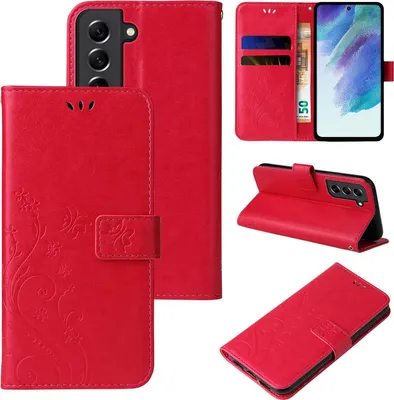 Produktbild von Handyhülle für Samsung Galaxy S21 FE Floral Blumen Schmetterling Flip Cover Hülle Case Klapphülle Handytasche Farbe: Rot