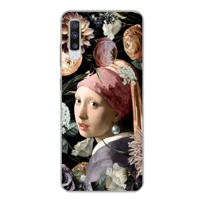 Produktbild von MuchoWow® Handyhülle Schutzhülle Hülle für Samsung Galaxy A70 Mädchen mit Perlenohrring - Blumen - Vermeer - Pastell - Kunstwerk - Gemälde - Alte Meister Silikon Softcase Handy Hülle - Schutzhaube