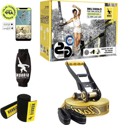 Productafbeelding van Slackline Set - Balanslijn Tightrope - Outdoor Balanceren - Inclusief Boom Bescherming - 15 meter - Geel