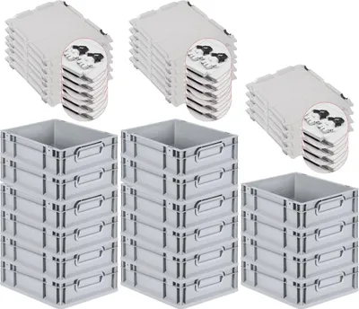 Produktbild von SuperSparSet 16x Eurobox NextGen Economy mit Scharnierdeckel und schwarzen Schiebeschnappverschlüssen | Griffe geschlossen | HxBxT 12x30x40cm | 11 Liter | Eurobehälter, Transportbox, Transportbehälter, Stapelbehälter