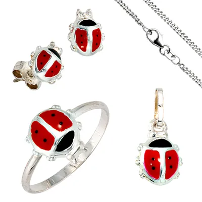 Produktbild von JOBO Kinder Schmuck-Set Marienkäfer 925 Silber Anhänger Ohrringe Ring Kette 42 cm