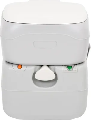 A front view of a portable camping toilet.