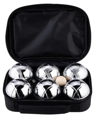 Zdjęcie produktu dla Zestaw do gry w petanque - 6 stalowych kul - Cel (tarcza) z drewna - Miernik odległości - Czarny etui z zamkiem błyskawicznym - Rączka do przenoszenia - Zestaw do petanque