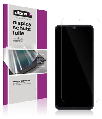 A product shot of a smartphone screen protector packaging next to a smartphone with a screen protector applied.
