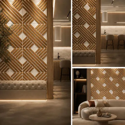 Produktbild von Geometrische Wandpaneele aus Holzoptik – Art-Déco Wanddekoration – MDF Wandpaneel 50x50 cm – Moderne Wandverkleidung für stilvolle Innenräume