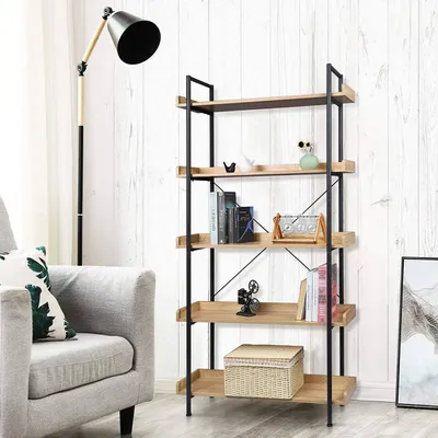 A living room scene with a bookshelf and a floor lamp.