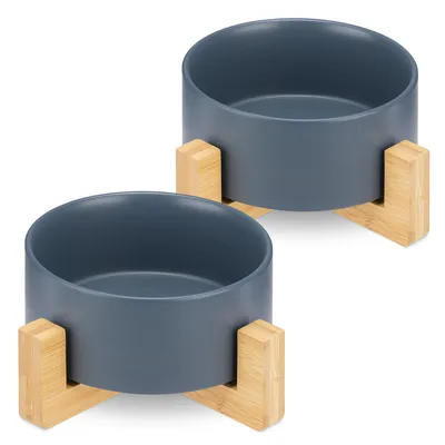 Produktbild von Navaris 2x Futternapf Katze mit Bambus Halter - Futterstation 2x Keramiknapf für Katzen Hunde - Keramik Fressnapf Set Futterbar - Katzen- & Hundenapf