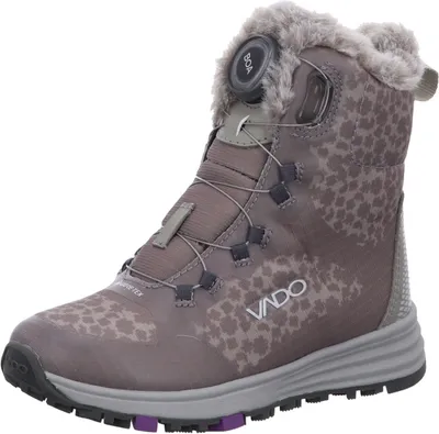 A single gray winter boot with a leopard print pattern and faux fur trim.