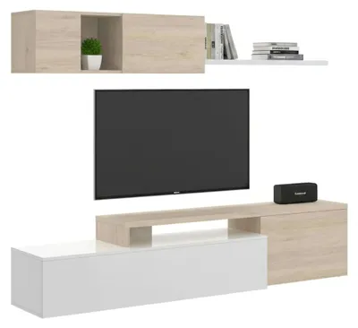 Produktbild von Wandeinheit Dagnell, modulares Eck-Wohnzimmerset, Wohnzimmermöbel Multiposition TV-Ständer, 201 x 41 x 180 cm, Weiß und Eiche