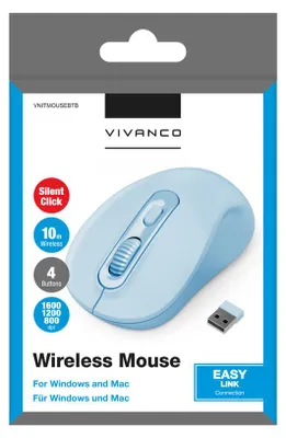 Zdjęcie produktu dla ViVanco™VNITMOUSEBTB, Oburęczny, Optyczny, RF Wireless, 1600 DPI, Niebieski