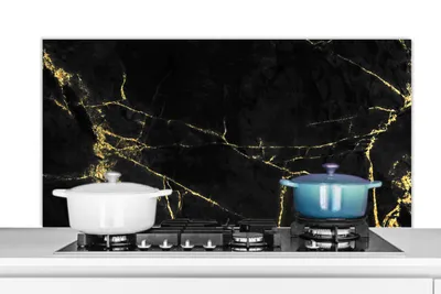Obrázek produktu pro KitchenYeah® Odstřikovač do kuchyně - Odstřikovač do kuchyně - Ochrana stěny sporáku a dřezu - Mramor - Černá - Zlatá - 120x60 - Alu-Dibond (alternativa ke skleněnému odstřikovači) - Tepelně odolný - Sporáky