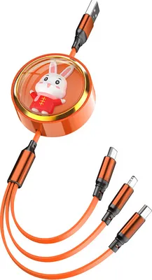 Productafbeelding van 3-in-1 USB-kabel met datatransferfunctie, schattige konijnenversiering, geschikt voor opladen van iOS, Android en Type-C apparaten, kleur oranje
