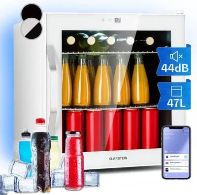 Image de Klarstein Mini Frigo de Chambre de 47L pour Boissons et Bieres, Petit Frigo Silencieux, Mini Bar Intérieur/Ext, Petit Refrigérateur Camping, Stockage de Vins et Boisssons, Étagères Amovibles, 5-18°C