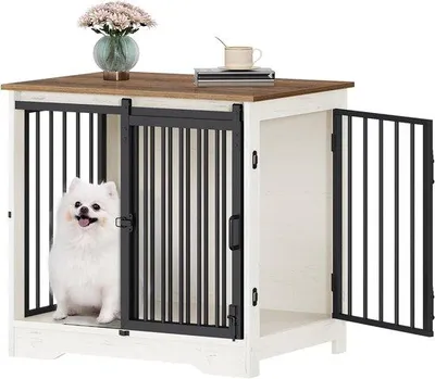 Produktbild von Hundebett als Möbelstück - Hundehütte als Beistelltisch - Rückzugsort für Zuhause - Mit zwei Türen - 69 cm - Weiß, Braun