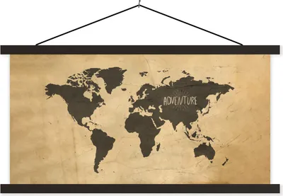 Produktbild von MuchoWow® Textilposter Weltkarte - Zitat - Grau 90x45 cm mit schwarzem Rahmen - Klemmleisten