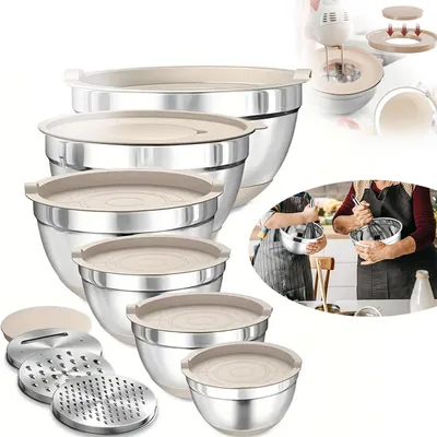 Produktbild von Rührschüssel 9er Set, Salatschüssel Set mit Luftdichtem Deckel & 3 Reibenaufsätzen, Rutschfester Silikonboden
